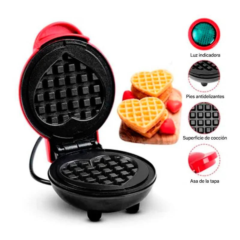Mini Waflera Corazón 350W - Rojo ❤️ ¡Waffles caseros en minutos!